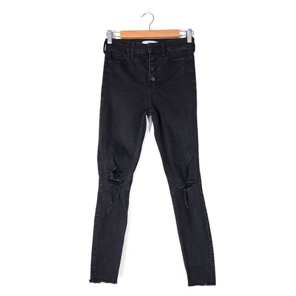 ABERCROMBIE and FITCH High Rise Raw Hem Distressed Super Skinny Jeans Black 25 - Picture 1 of 11